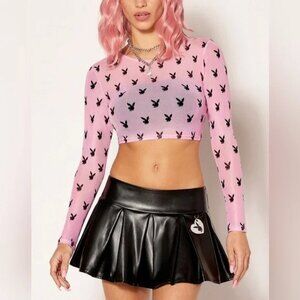 Playboy size S/M Pink Long Sleeve Mesh See through Crop Top with bunny graphics